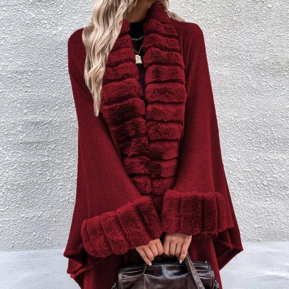 . Sweaters - Burgundy Womens Faux fur trimmed Cardigan